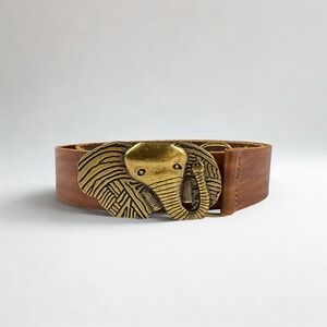 Vintage Style Belt Elephant Brass Buckle Brown Genuine‎ Leather Cuir Veritable